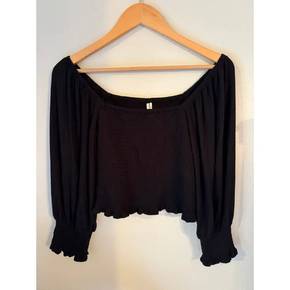 Anthropologie Black Smocked Puff-Sleeve Cropped Top Size S